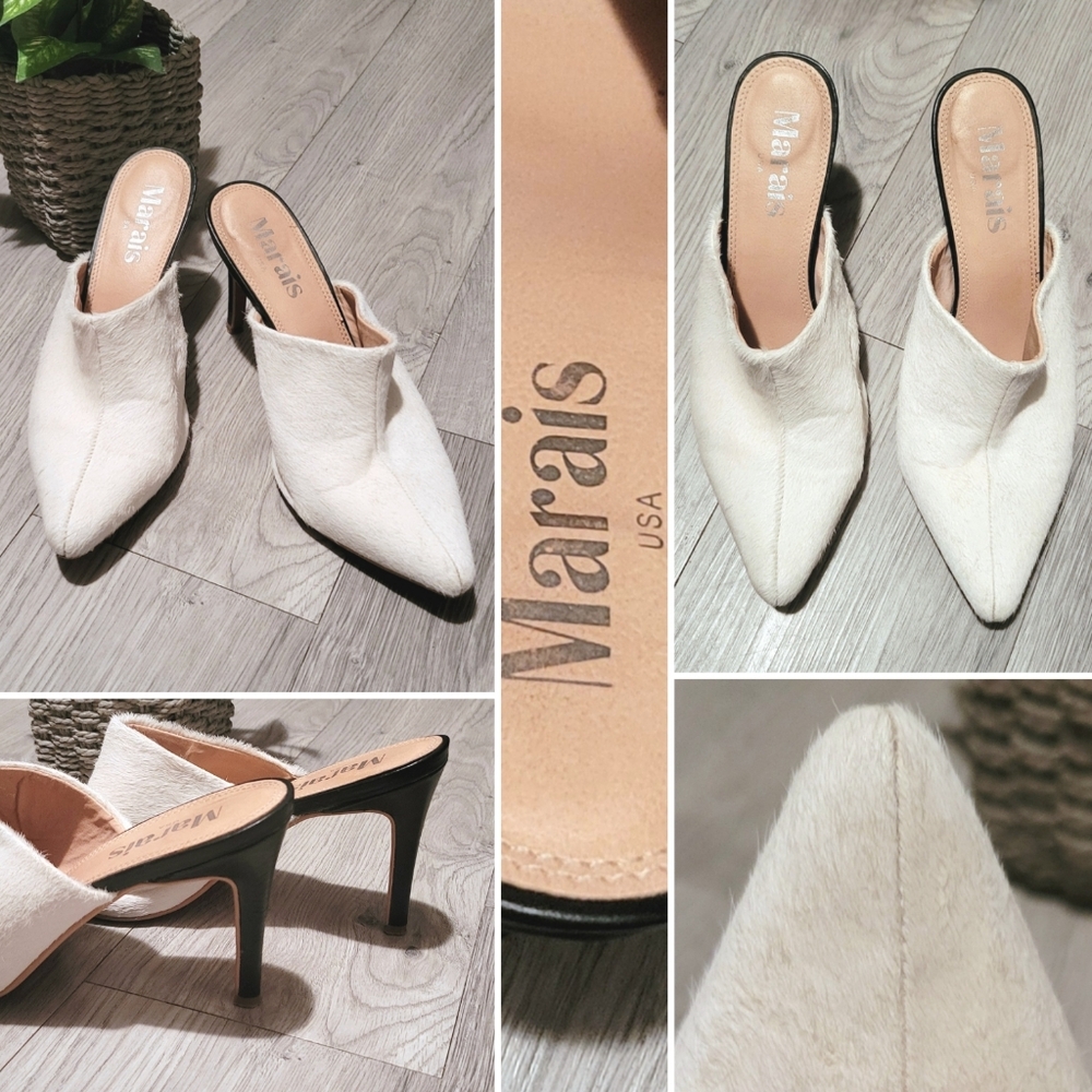 Marais USA Pointy Mule 3.5" Heels in White Calf Hide, Women's US 7 EU 37.5